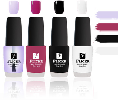 

Flickr Evergreen Nail Polish Combo With Single Coat Application Transparent,Purple,Black,White(Pack of 4)