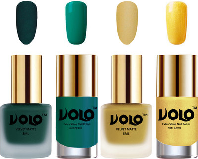 

Volo Extra Shine AND Dull Velvet Matte Nail Polish Duo Combo Dark Green, Metallic Golden, Radium Green, Gold Chrome(Pack of 4)
