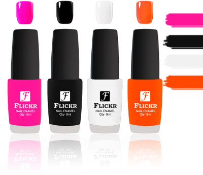 

Flickr Evergreen Nail Polish Combo With Single Coat Application Pink,Black,White,Orange(Pack of 4)
