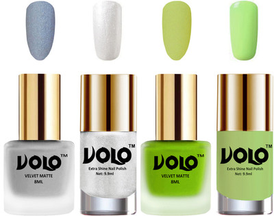 

Volo Extra Shine AND Dull Velvet Matte Nail Polish Duo Combo Metallic Silver, Parrot Green, Metallic Silver, Parrot Green(Pack of 4)