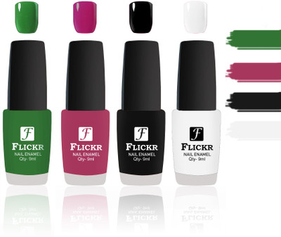 

Flickr Evergreen Nail Polish Combo With Single Coat Application Green,Purple,Black,White(Pack of 4)