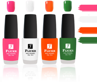 

Flickr Evergreen Nail Polish Combo With Single Coat Application Peach, White, Orange, Green(Pack of 4)