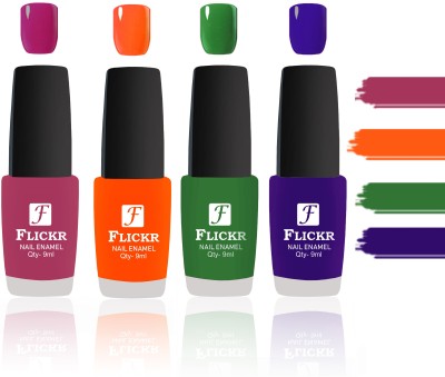 

Flickr Evergreen Nail Polish Combo With Single Coat Application Purple, Orange, Green, Blue(Pack of 4)