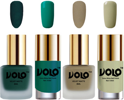 

Volo Extra Shine AND Dull Velvet Matte Nail Polish Duo Combo Dark Green, Sand Nude, Radium Green, Mischievous Mint(Pack of 4)