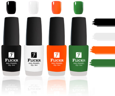

Flickr Evergreen Nail Polish Combo With Single Coat Application Black, White, Orange, Green(Pack of 4)