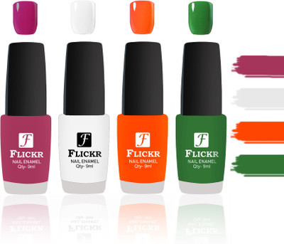 

Flickr Evergreen Nail Polish Combo With Single Coat Application Purple, White, Orange, Green(Pack of 4)
