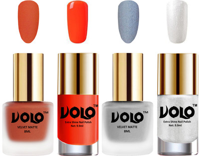 

Volo Extra Shine AND Dull Velvet Matte Nail Polish Duo Combo Orange, Metallic Silver, Coral, Metallic Silver(Pack of 4)
