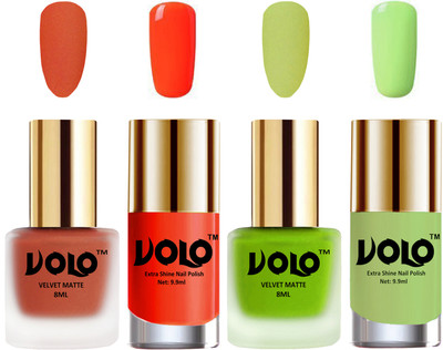 

Volo Extra Shine AND Dull Velvet Matte Nail Polish Duo Combo Orange, Parrot Green, Coral, Parrot Green(Pack of 4)