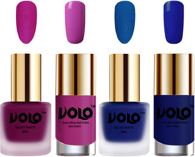 

Volo Extra Shine AND Dull Velvet Matte Nail Polish Duo Combo Magenta, Blue, Bright Plum, Royal Blue(Pack of 4)