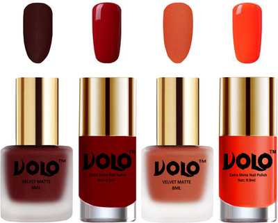 

Volo Extra Shine AND Dull Velvet Matte Nail Polish Duo Combo Maroon, Orange, Red, Coral(Pack of 4)