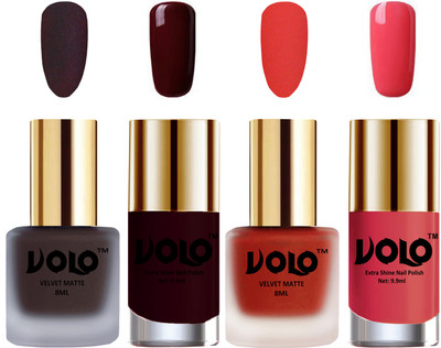 

Volo Extra Shine AND Dull Velvet Matte Nail Polish Duo Combo Dark Coffee, Coral, Maroon, Light Pink(Pack of 4)