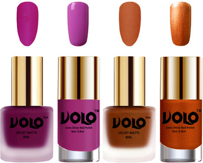 

Volo Extra Shine AND Dull Velvet Matte Nail Polish Duo Combo Magenta, Metallic Coral, Bright Plum, Red Gold(Pack of 4)
