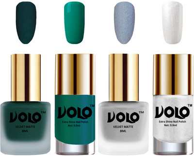 

Volo Extra Shine AND Dull Velvet Matte Nail Polish Duo Combo Dark Green, Metallic Silver, Radium Green, Metallic Silver(Pack of 4)