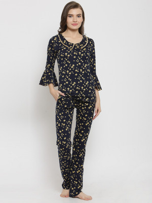 Claura Women Printed Dark Blue Top & Pyjama Set