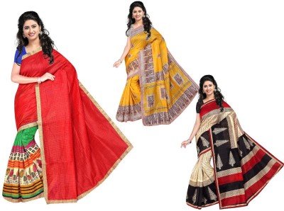 Kanooda Prints Printed Bhagalpuri Silk Blend Saree(Pack of 3, Multicolor)