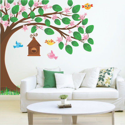 StickMe 100 cm Beautiful Tree with Birds & Nest - SM 003 Self Adhesive Sticker(Pack of 1)