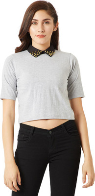 Miss Chase Casual Regular Sleeve Color Block Women Grey Top