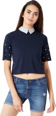 Miss Chase Casual Regular Sleeve Embellished Women Blue Top