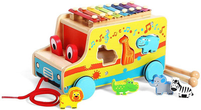 

ToyVilla Premium Pull Along Xylophone, Baby Push Pull Mallets Instrument Vehicle, Wooden Bus Toy, 6 Cute 3D Animal Shape Sorter Puzzle for kids(Multicolor)