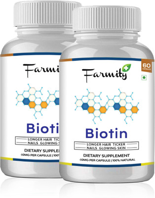

Farmity Biotin for longer hair, ticker nails, glowing skin - 500mg Pack of 2(120 No)