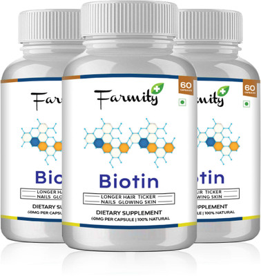 

Farmity Biotin for longer hair, ticker nails, glowing skin - 500mg Pack of 3(180 No)