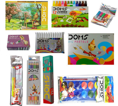 

DOMS Y1+ PENCIL (10 PENCILS) + DUST FREE ERASER (20 ERASERS) + DRAWING BOOK (1 BOOK) + 12 SHADES WATER COLOUR CAKES (1 SET) + 12 BICOLOUR PENCILS (1 SET) + 12 OIL PASTELS (1 SET) + 12 EXTRA LONG WAX CRAYONS (1 SET) + 6 SHADES GLITTERS (1 SET) + PENCIL KIT