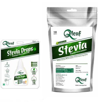 

Qleaf Combo : Pack of 10 ml stevia drops+ 100 sachet pack Sweetener(110 g, Pack of 2)