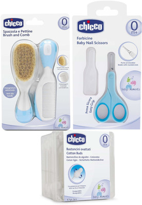 

Chicco Brush And Comb (Bllue) ,Nail Scissor Set (Blue) and Cotton Buds 64(Blue)
