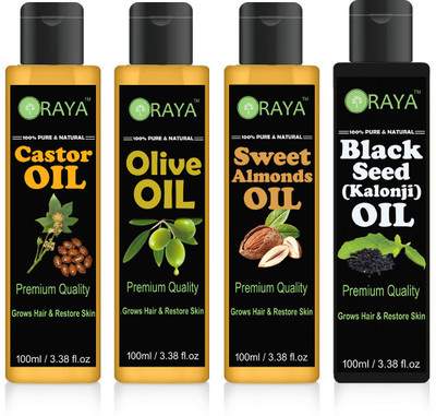 

ORAYA 100% Pure & Natural Sweet Almond Oil And Organic Castor Oil And Extra Light Olive Oil And Blackseed ( Kalonji) Hair Oil Skin Oil-400ML-PACK OF-4-BOTTLE(400 ml)