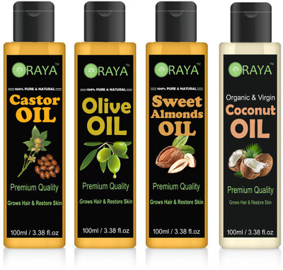 

ORAYA 100% Pure & Natural Organic Castor Oil And Extra Light Olive Oil And Virgin Cocount Oil And Sweet Almond Oil-400ml-PACK OF-4-BOTTLE(400 ml)