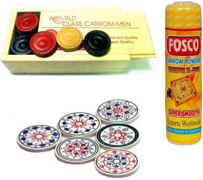 

Fosco Carrom Combo F - 250 gm Carrom Powder 1 Set Wooden Carrom-Men Coins & 6 Strikers Carrom Pawns(Pack of 24)