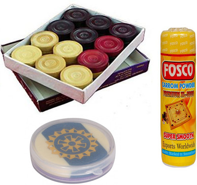

Fosco Carrom Combo P - 250 gm Carrom Powder 1 Set Wooden Carrom-Men Coins & 1 Striker Carrom Pawns(Pack of 24)