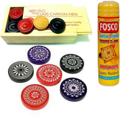 Fosco Carrom Combo D - 250 gm Carrom Powder 1 Set Wooden Carrom-Men Coins & 6 Strikers Carrom Pawns(Pack of 24)