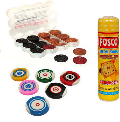 

Fosco Carrom Combo M - 250 gm Carrom Powder 1 Set Wooden Carrom-Men Coins & 6 Strikers Carrom Pawns(Pack of 24)