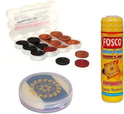 

Fosco Carrom Combo J - 250 gm Carrom Powder 1 Set Wooden Carrom-Men Coins & 1 Striker Carrom Pawns(Pack of 24)