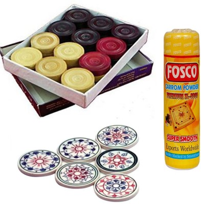 fosco Carrom Combo R - 250 gm Carrom Powder 1 Set Wooden Carrom-Men Coins & 6 Strikers Carrom Pawns(Pack of 24)