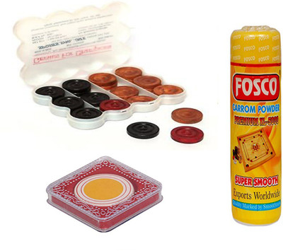 

Fosco Carrom Combo I - 250 gm Carrom Powder 1 Set Wooden Carrom-Men Coins & 1 Striker Carrom Pawns(Pack of 24)