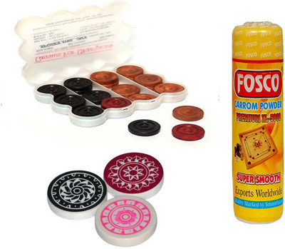 

Fosco Carrom Combo H - 250 gm Carrom Powder 1 Set Wooden Carrom-Men Coins & 3 Strikers Carrom Pawns(Pack of 24)