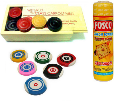 

Fosco Carrom Combo G - 250 gm Carrom Powder 1 Set Wooden Carrom-Men Coins & 6 Strikers Carrom Pawns(Pack of 24)
