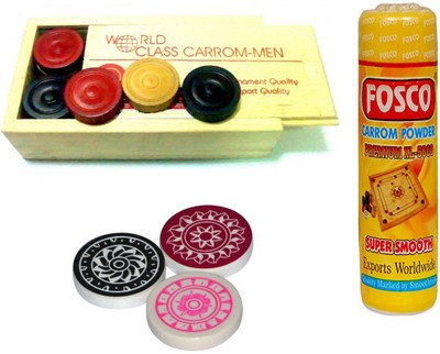 

Fosco Carrom Combo A-250 gm Carrom Powder 1 Set Wooden Carrom-Men Coins & 3 Strikers Carrom Pawns(Pack of 24)