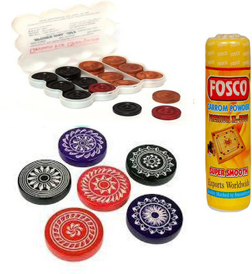 Fosco Carrom Combo K - 250 gm Carrom Powder 1 Set Wooden Carrom-Men Coins & 6 Strikers Carrom Pawns(Pack of 24)