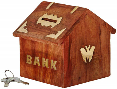 

sk handicrafts Money Bank with Lock hut shape shishamm Coin Bank(Brown)