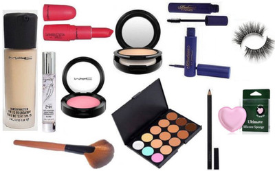 

Ultimate Silicon Puff With Eyelashes, Mac Match master SPF 15 Foundation,Perfecting Makeup 24 hr Primer, Pink Blusher, Studio fix Compact, 15 shade Concealer Palette, Padma eyeliner & Mascara, Pencil Kajal, Matte finish sweetie Lipstick & Makeup Brush(Set