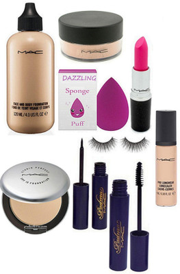

DAZZLING Sponge Puff & Mac Face And Body Foundation & Studio Perfect Compact & Padma Eyeliner & Mascara & Eyelashes & Pink Lipstick & Loose Powder & Pro Longwear Concealer(Set of 9)