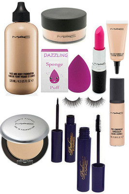 

DAZZLING Sponge Puff & Mac Face And Body Foundation & Studio Perfect Compact & Padma Eyeliner & Mascara & Eyelashes & Pink Lipstick & Loose Powder & Pro Longwear Concealer & Select Cover-UIp(Set of 10)