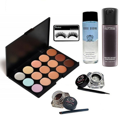 

BRUTUS Eyelashes, Mac 15 Shades Concealer Palette, Prep + Prime Moisture Infusion Face Serum, Hello Kitty Two Eyeliner, Bobbi Brown Instant Longwear Makeup Remover(Set of 5)