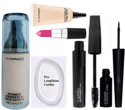 

pro longwear combo Silicon Puff & Mac Matchmaster SPF 15 Foundation, Candy Yum-yum Lipstick,Haute And Naughty Mascara,Liquid Last Eyeliner & Select Cover-Up(Set of 6)