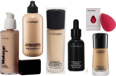 

Marvalous Sponge puff & Face and body foundation with mac Mineralize foundation, Match master foundation And Makeup foundation With studio water weight Foundation set of 5(Set of 6)