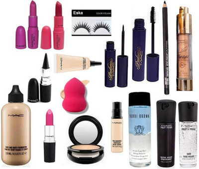 

eska Eyelashes, Face And Beauty Foundation,pro Longwear Concealer,select Cover-up,candy Yum-yum Lipstick,gaimbattista Lipstick2, Studio Fix Compact,padma Eyeliner,mascara,kajal,serum, Face Primer,Highlighter & Bobbi Brown Liquid Makeup Remover (Set of 17)