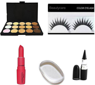 

beautycare combo set of eyelashes shade concealer pallate giambattista lipstick silicon puff kajal(Set of 5)